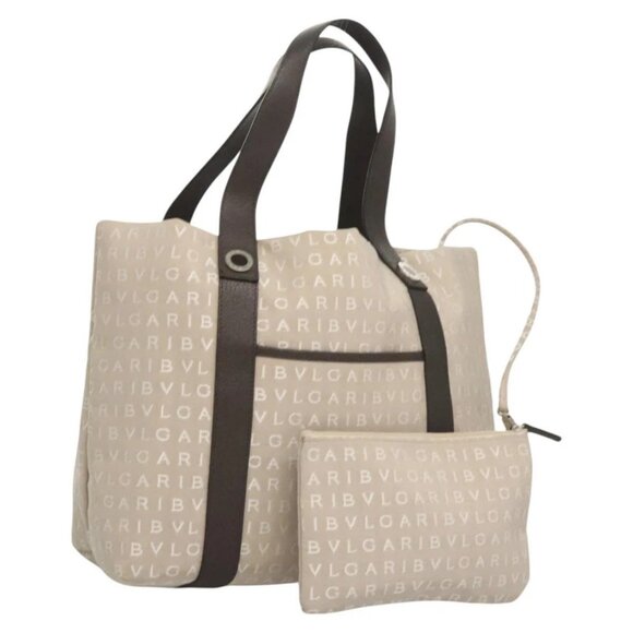 BVLGARI Logo Mania Tote Bag Canvas Beige Auth